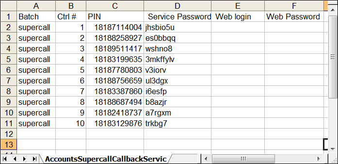 A .csv file with information about the new accounts